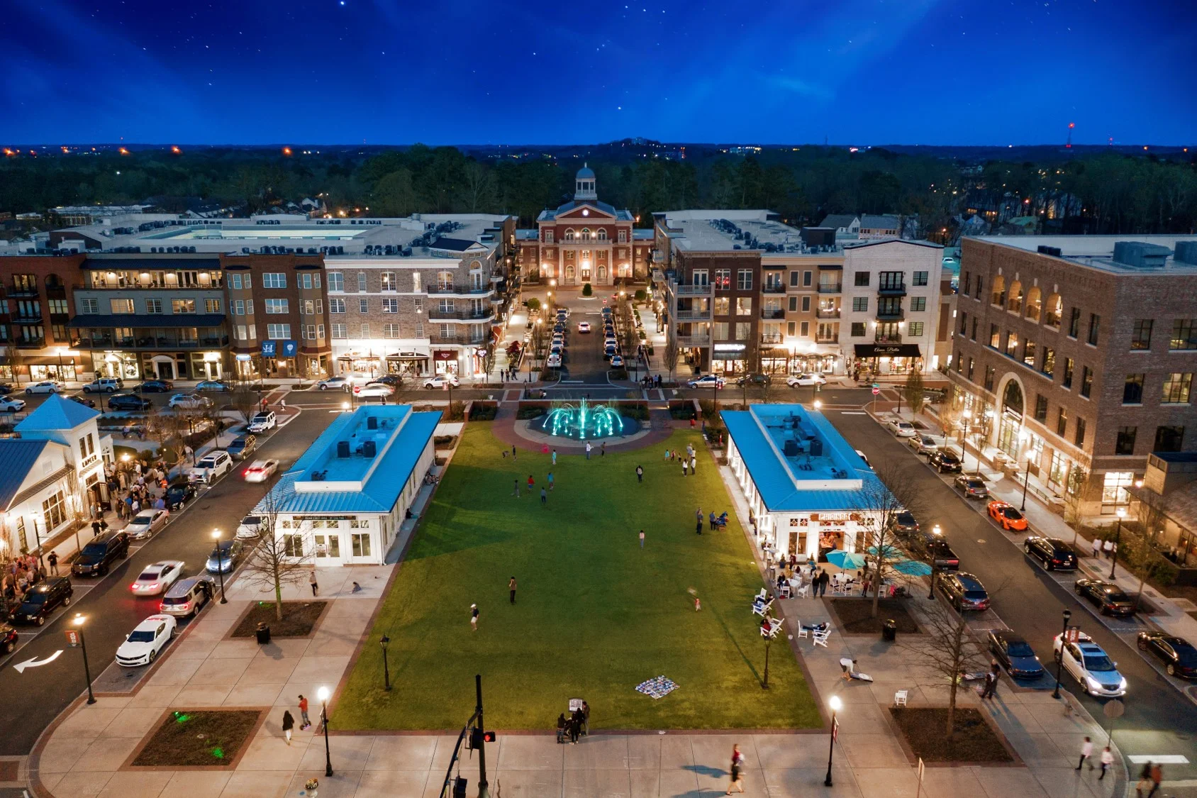 Aerial view of Downtown Alpharetta City Center and its green spaces